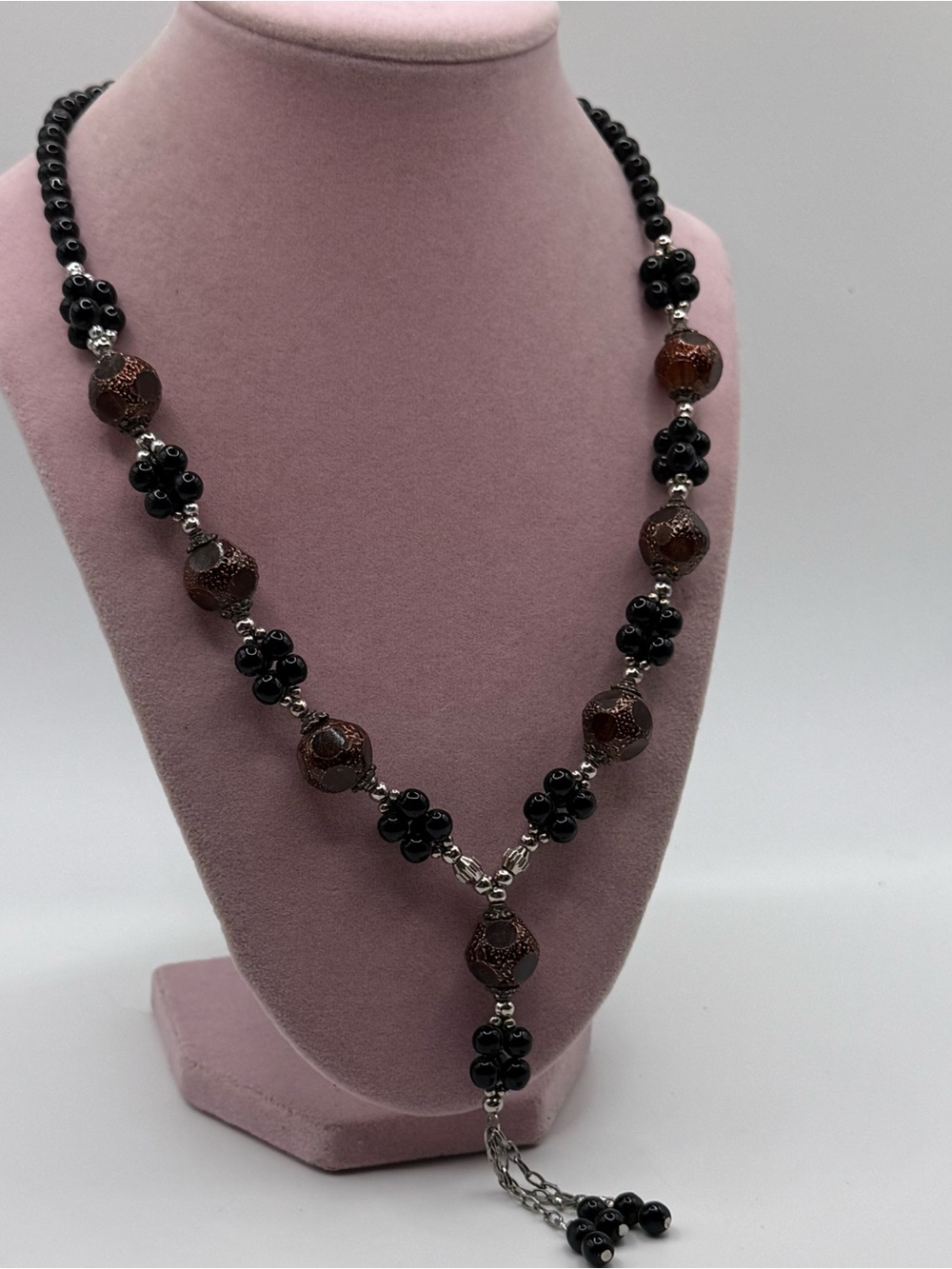 Elegant Black onyx and Brown glass Beaded Lariat Necklace